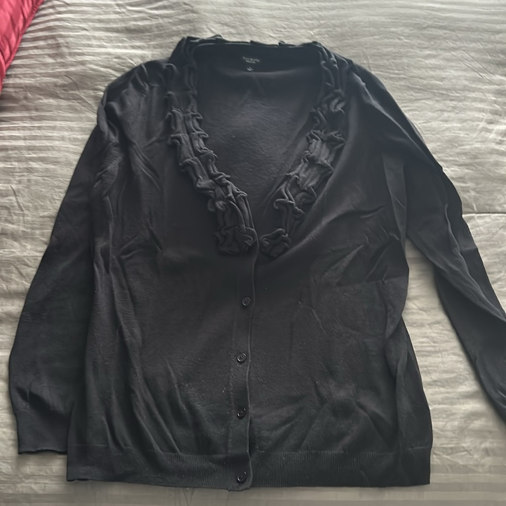 Talbots Ruffle Front Black Wool Blend Cardigan - Picture 2 of 6
